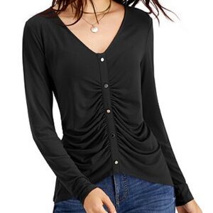 Elegant Black V-Neck Ruched Women's Top by INC Size Large